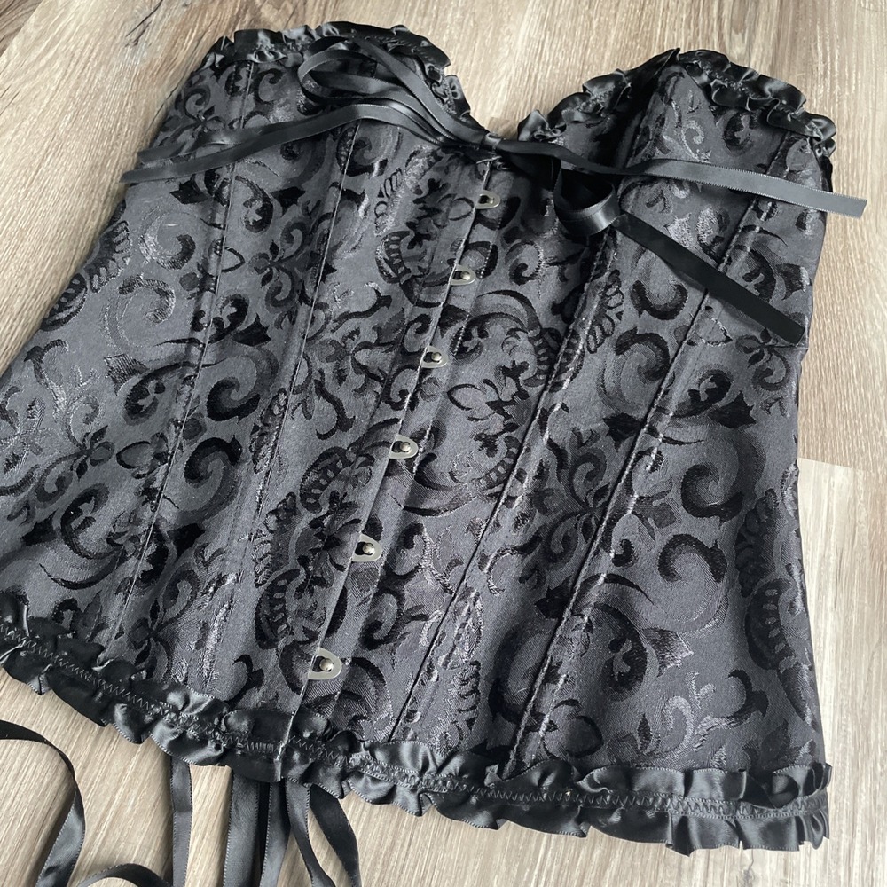 Black Damask Jacquard Corset Bustier Top Lace Up Back Ruffle Trim Size Large - Picture 2 of 7